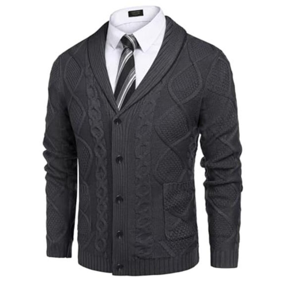 Mens Shawl Collar Cardigan Cable Knit Button Down Sweater With Pockets